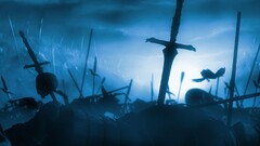 3d artwork fantasy art Anime sword War skull battlefields cyan