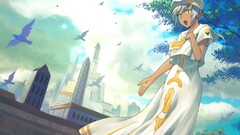 Anime anime girls aria cityscape Birds open mouth dress standing