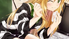 Anime anime girls blonde eating green eyes long hair winking