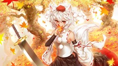 Anime anime girls touhou animal ears white hair red eyes tail