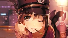 anime girls Anime brown eyes hat pocky one eye closed brunette
