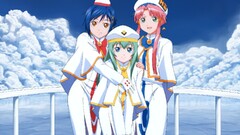 anime girls Anime women trio blue hair green hair pink hair