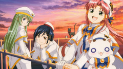 anime girls Anime women trio green hair dark hair pink hair cats