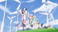 anime girls Anime women trio sitting blue hair pink hair