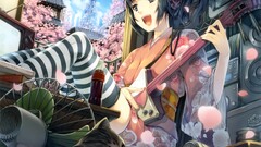 anime girls black hair headphones guitar thigh highs kimono