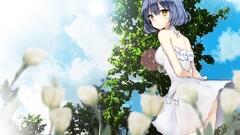 anime girls blue hair outdoors Plants Flowers yellow eyes Anime