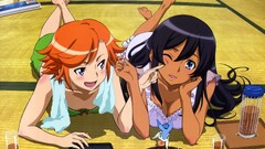 anime girls legs crossed barefoot cleavage dark hair redhead