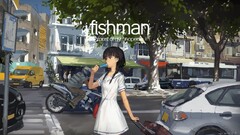 anime girls street Anime City popsicle urban dark hair Car food