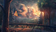 Anime lighthouse floating island artwork floating