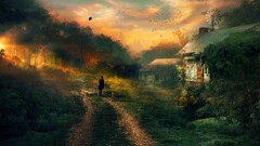 artwork digital art cottage kites forest sunlight dog Trees path