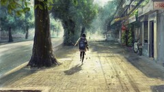 artwork fall Trees schoolgirl pavements anime girls urban street