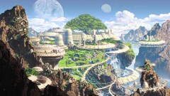 artwork fantasy art Mountains old building moon futuristic