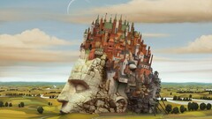 artwork surreal castle statue field landscape House river Anime