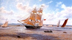 bay fortress rowboat sailing ship artwork vehicle