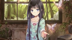 black hair blue eyes long hair old building blue dress