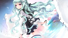 blue hair pink eyes water dress looking over shoulder Anime