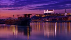 Bratislava slovakia castle river reflection ship clouds night