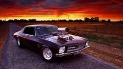 Car muscle cars field sunset road Holden Monaro