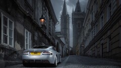 Car vehicle town street silver cars Prague Aston Martin