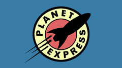 cartoon spaceship Planet Express Futurama blue background logo