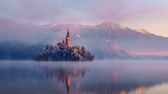 castle Lake landscape Mountains Slovenia lake bled Island Church