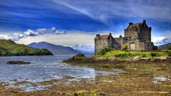 castle water Scotland landscape uk Mountains clouds Eilean Donan