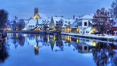 City cityscape winter House river snow calm town reflection blue