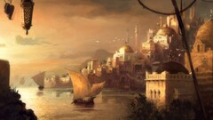 City ports sailing ship ship Sea fantasy art fantasy city