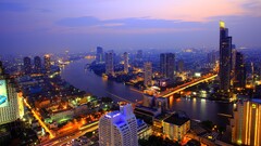 cityscape river skyscraper lights Thailand sunset Bangkok
