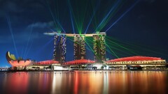 cityscape Singapore Marina Bay Lasers spotlights building