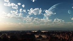 clouds digital art planet moon landscape rock formation sunlight