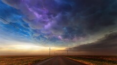 clouds road Lightning power lines storm plains purple far view