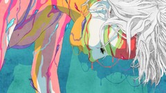 colorful artwork Women body paint closed eyes white hair drawing