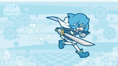 Crossover Puyo Puyo blue background text kanji blue hair sword