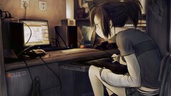 digital art anime girls Anime computer women indoors sitting