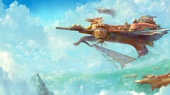 fantasy art Airships vehicle sky clouds cyan