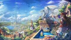 fantasy art anime girls Clock Tower fountain clouds sky village