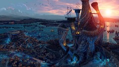 fantasy art digital art sunset river video games fantasy city