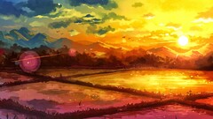 fantasy art drawing rice paddy sunrise nature landscape