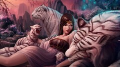 fantasy art fantasy girl Women big cats white tigers tiger