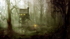 fantasy art forest witch swamp cabin campfire