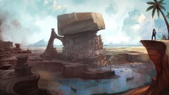 fantasy art oases Roboto-kun palm trees sailing ship artwork