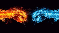 fists digital art fire ice orange red cyan blue black background