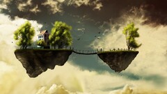 floating island digital art nature House artwork rock sky clouds