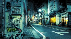 graffiti City cityscape street night cyan alleyway outdoors Asia