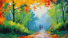 Graham Gercken painting fall Trees Park path lantern artwork