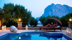 Greece Hotel Mountains swimming pool Women lying down barefoot