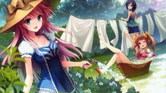 hat Anime women trio laundry women with hats women outdoors