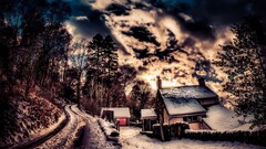 hdr road clouds Trees nature snow sky House chimneys