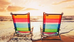 horizon beach Sea water waves sunlight colorful sunbed summer